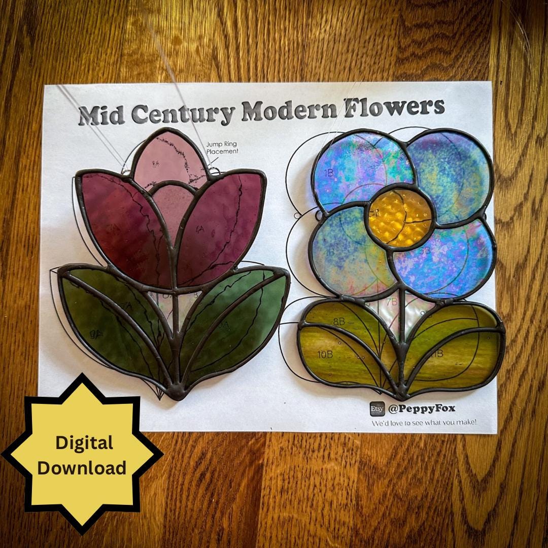 Modello per vetrate colorate - FILE DIGITALE (pdf png) - Retro Flower Duo MCM - Modello per acchiappasole per principianti/facile - Licenza commercial