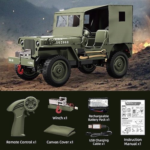 Sammlermodell RC Militärfahrzeug - Vintage Militär Willys Jeep Stil Ferngesteuertes Auto - Detailliertes Modell für Enthusiasten Kinder Weihnachtsgeschenk Image