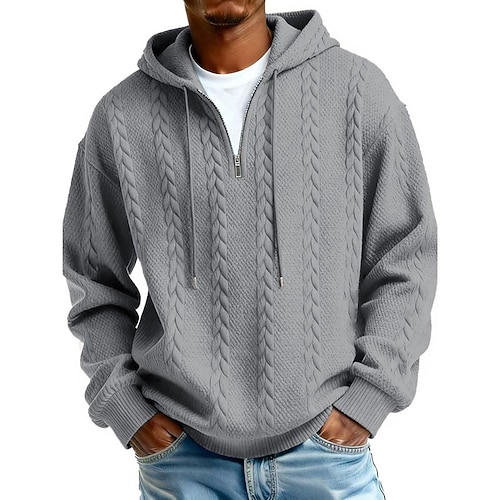 Herren Jacquard Kapuzensweatshirt Pullover Kapuzensweatshirt Viertelreißverschluss Kapuzensweatshirt Aprikose Weinrot Schwarz Weiß Marineblau Mit Kapuze Einfach Reißverschluss Strukturiert Lässig Image