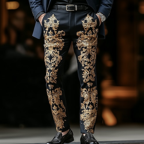 Herren Blumendruck Ethnisch Barock- Hose Anzughose Mittlere Taille Vintage-Retro Outdoor Alltagskleidung Lässig Slim Fit Hose mit Taschen Frühling Herbst 3D-Druck Schwarz 1 Schwarz Image