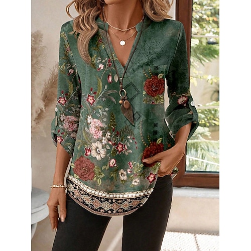 Damen Bluse Gerafft Blumen Grafik Elegant Stilvoll Basic Langarm V Ausschnitt Normale Oberteile Täglich Arbeit Blau Weiß Grün Herbst Winter Image