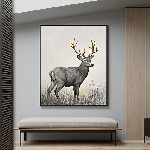 Handgemaltes, rustikales Hirschlandschaftsbild, Wanddekoration für Hütten, Maultierhirsch-Bock-Gemälde, Vintage-Waldzimmer, antike Hirschkunst. Image