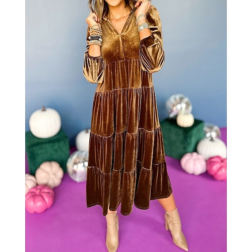 Damen Midikleid Samtkleid Mode Modern Täglich Büro Ausgehen Normale Passform Einfach Langarm V Ausschnitt Schwarz Wein Braun Grün Frühling Herbst Winter Image