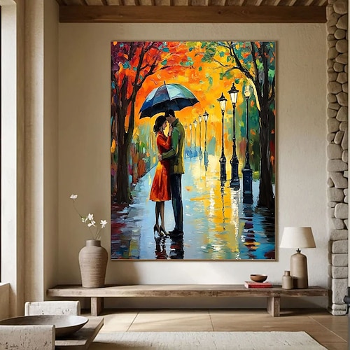 Weihnachtsgeschenk, Ölgemälde, handgemalt, romantischer Stadtspaziergang bei Nacht, Paar unter einem Regenschirm, impressionistische Straßenszene am Abend, regnerische Straßenkunst, moderne Image
