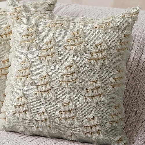Weihnachtskissenbezüge mit Baumdeko, weiche Plüschkissenbezüge aus Kunstfell und Wolle, beigefarbene Kissenbezüge für die Weihnachtszeit, für Sofa, Couch, Bett oder Veranda. Image