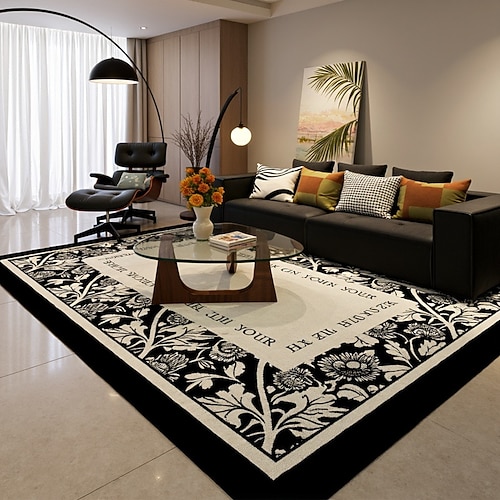 Vintage-Teppich für Wohnzimmer und Schlafzimmer dicker Loop-Velours weich rutschfest waschbar wasserfest schmutzabweisend leicht zu reinigen schwarzer Retro-Bodenmatte Wohnkultur Image