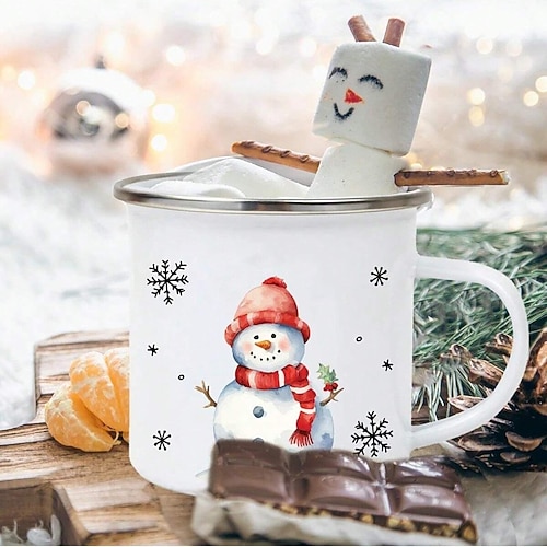 Weihnachtstasse, kleine Emaille-Tasse mit Weihnachtsmotiv, Weihnachtsmann- und Schneemannmotiv, ideal als Geschenk für Kollegen oder als kleines Mitbringsel. Image