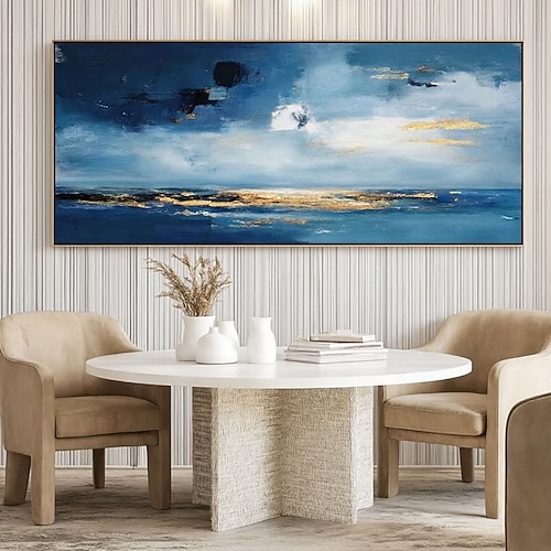 Handgemalte Ölgemälde mit blauem Himmel und goldenem Ozeanmotiv, moderne abstrakte Landschaftsmalerei mit Sonnenuntergangsmotiv in Dunkelblau, Wandkunst, Heimdekoration Image