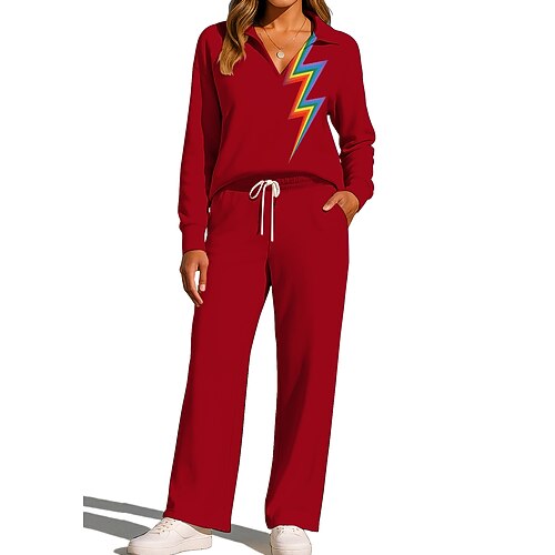 Damen Sweatshirt Trainingsanzug Jogginghose Kordelzug Tasche Regenbogen Jacke und Jogginghose Sportbekleidungsset Loungewear Sommer Frühling Herbst Winter Dunkelgrau Rot Fitnesstraining Leger Training Image