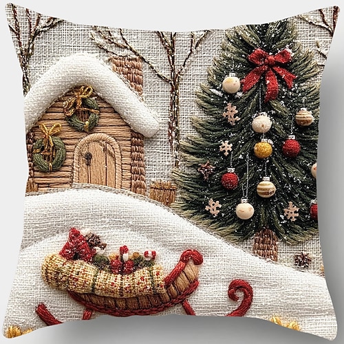 Weihnachtskissenbezüge mit niedlichem 2D-Cartoon-Motiv, flach bedruckt, mit Stickerei-Imitation, dekorative Kissenbezüge für Sofa, Couch, Weihnachtsdekoration, Heimdekorationsset Image