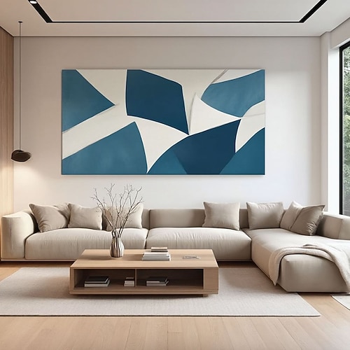 Handgemaltes blau-weißes Wandbild, blaue Texturmalerei, Wabi-Sabi-Wandkunst, neutrales blaues Gemälde, weiße Wandkunst, abstrakte blaue Wandkunst Image