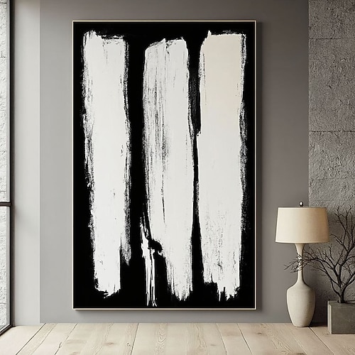 Handgemaltes, abstraktes Wandbild in Schwarz-Weiß, minimalistisches Ölgemälde auf Leinwand, moderne Kunst für Wohnzimmer oder Büro Image