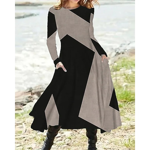 Damen Midikleid Druckkleid Vintage Mode Modern Täglich Ferien Ausgehen Normale Passform Geometrisch Langarm Rundhalsausschnitt Wein Braun Dunkelgray Grau Frühling Herbst Winter Image