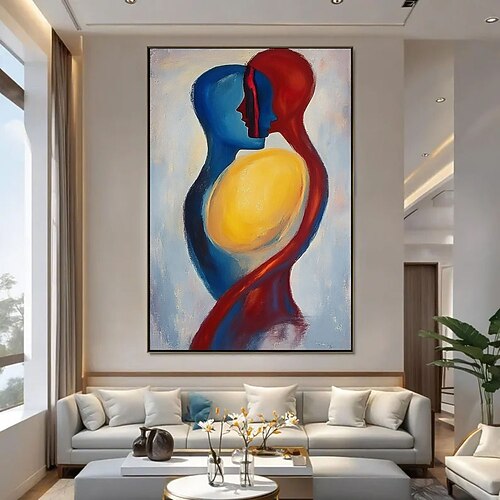 Handgemaltes Original-Ölgemälde eines Liebespaares auf Leinwand, großes Wandbild, abstrakte Malerei, blau-rote Malerei, individuelle Anfertigung, Wohnzimmerwanddekoration Image