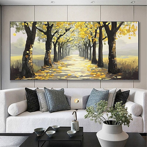 Originalgemälde, handgemaltes Herbst-Ölgemälde, handgemalte Herbstlandschaft, Herbstwald-Wandbild, großes gelbes Leinwandbild, strukturiertes Leinwandbild, Wohnzimmer-Wandbild Image