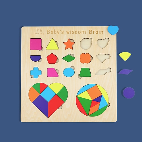 3-in-1 Holzpuzzlebrett - Tangram Blöcke Tic-Tac-Toe Spiel - Montessori Lernspielzeug für Kinder Familie Weihnachtsgeschenk