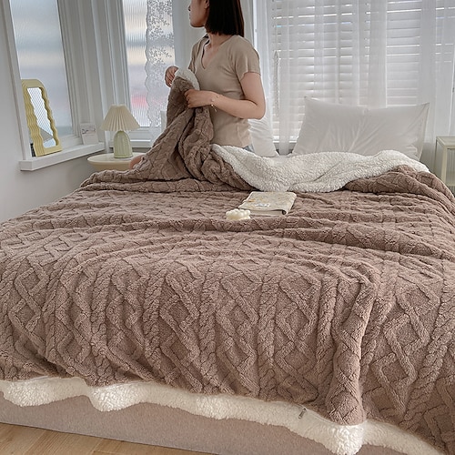 Decke aus Lammwolle, Sherpa und Korallenfleece, weich und kuschelig, ideal als Sofadecke, Kuscheldecke, Bürodecke, Ganzjahresdecke, Klimaanlagendecke, kleine, leichte Decke Image