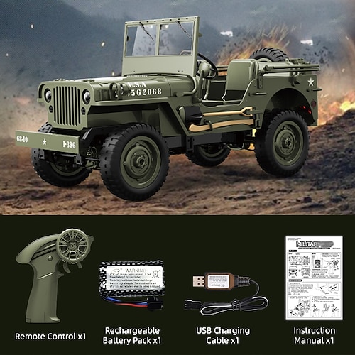 Sammlermodell RC Militärfahrzeug - Vintage Militär Willys Jeep Stil Ferngesteuertes Auto - Detailliertes Modell für Enthusiasten Kinder Weihnachtsgeschenk Image