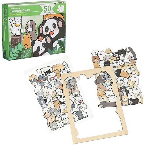 50-teiliges Holzpuzzle in Katzenform, detailreiche Tiermotive, einzigartiges Puzzle in Tierform, farbenfrohe Puzzles mit Kätzchen, Hund und Panda, kreatives Geschenk für Tierliebhaber Image