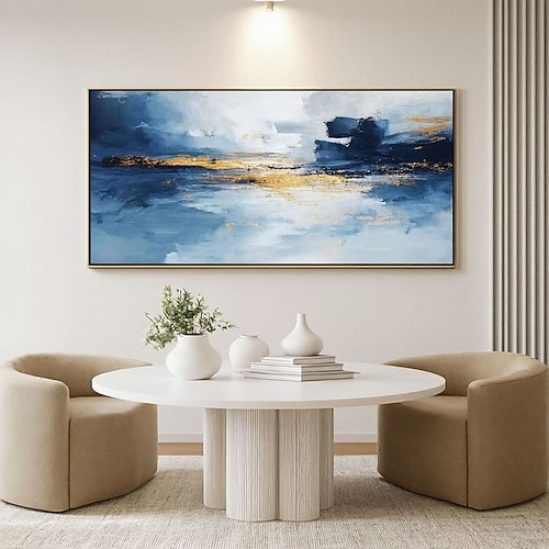 Handgemalte Ölgemälde mit blauem Himmel und goldenem Ozeanmotiv, moderne abstrakte Landschaftsmalerei mit Sonnenuntergangsmotiv in Dunkelblau, Wandkunst, Heimdekoration Image