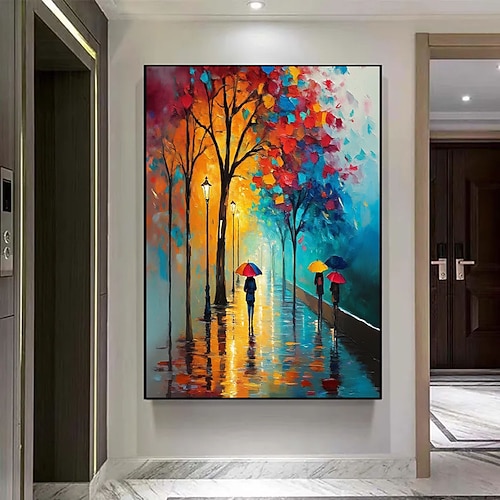 Weihnachtsgeschenk, handgemaltes Ölgemälde, farbenfroher Stadtspaziergang, Leinwandbild, romantisches Paar, abstrakte Leinwand, regnerische Straßenlaternen, Wanddekoration, moderne impressionistische Image