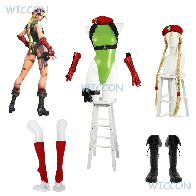 Perücke, Overall, Hut, Anzug, Rollenspiel, Street Fighter V 6, 5, sexy Cammy, Cosplay-Kostüm, sexy grüner Body, Leder, Latex, Weiß, Halloween Image