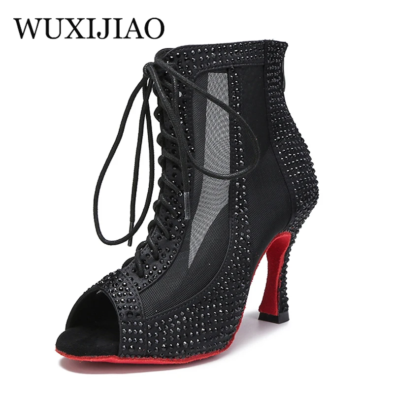 WUXIJIAO Damen High Top Latin Dance Schuhe Schwarz Strass Rot Weiche Sohle Ballsaal Schuhe Salsa Tango Schuhe Party Sandalen
