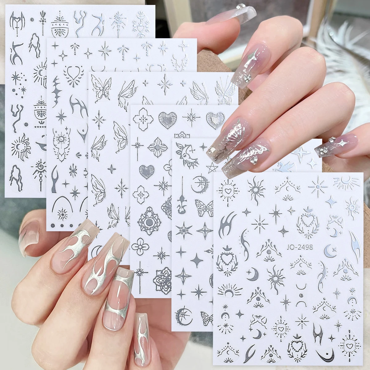 3/6/12 Blatt silberne Nagelkunstaufkleber, metallische Flamme, Schmetterling, Stern, Mond, Engel, selbstklebendes Nageldekorationsset zum Selbermachen Image