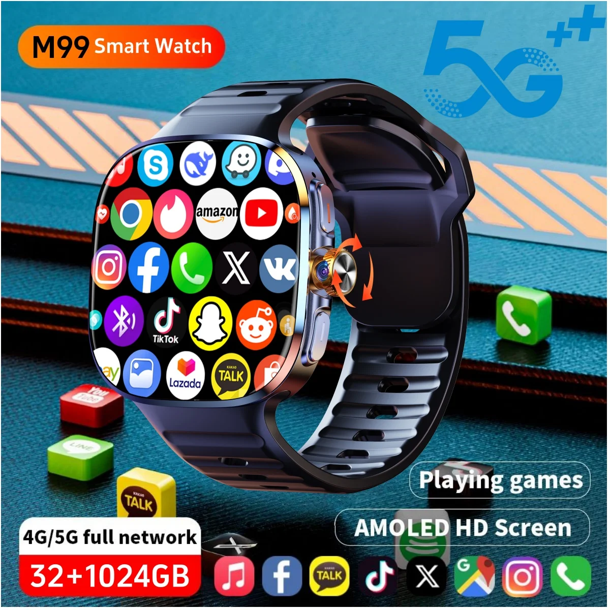 M99 4G 5G Full Netcom Smartwatch Schermo Amoled da 2,4 pollici con inserto Sim Card GPS WIFI 190 ° Gioco con fotocamera rotante Smart Watch Android