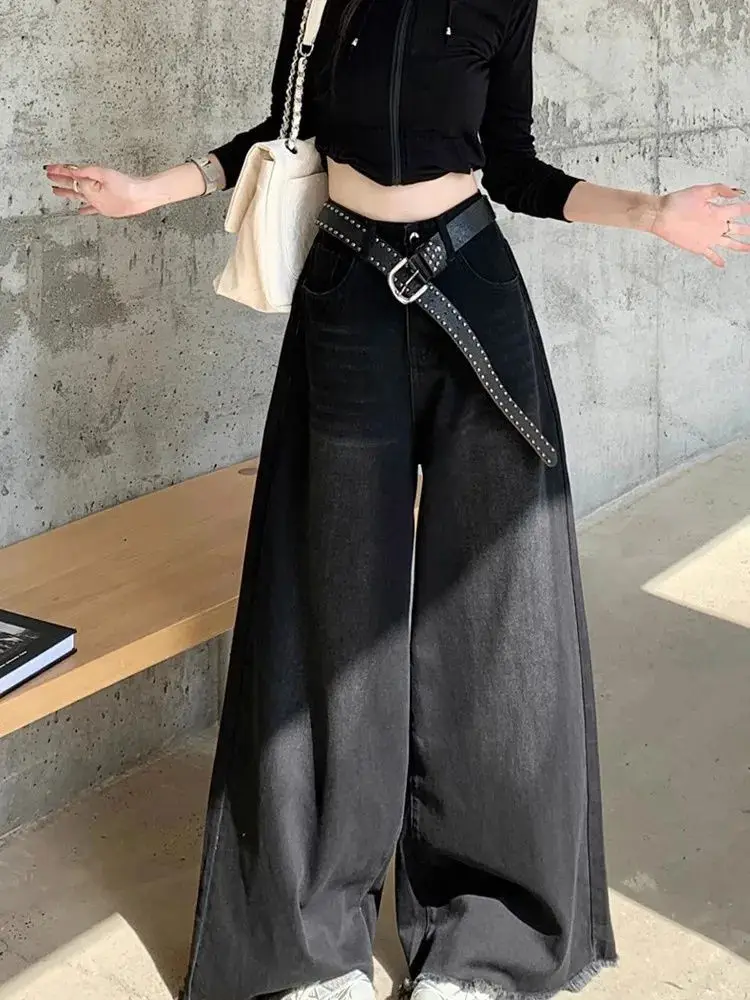 Elegante schicke amerikanische Vintage-Jeans mit weitem Bein in Schwarz für Damen, hohe Taille, lockere Passform, schlankmachend, drapiert, roher Saum, bodenlanger Denim