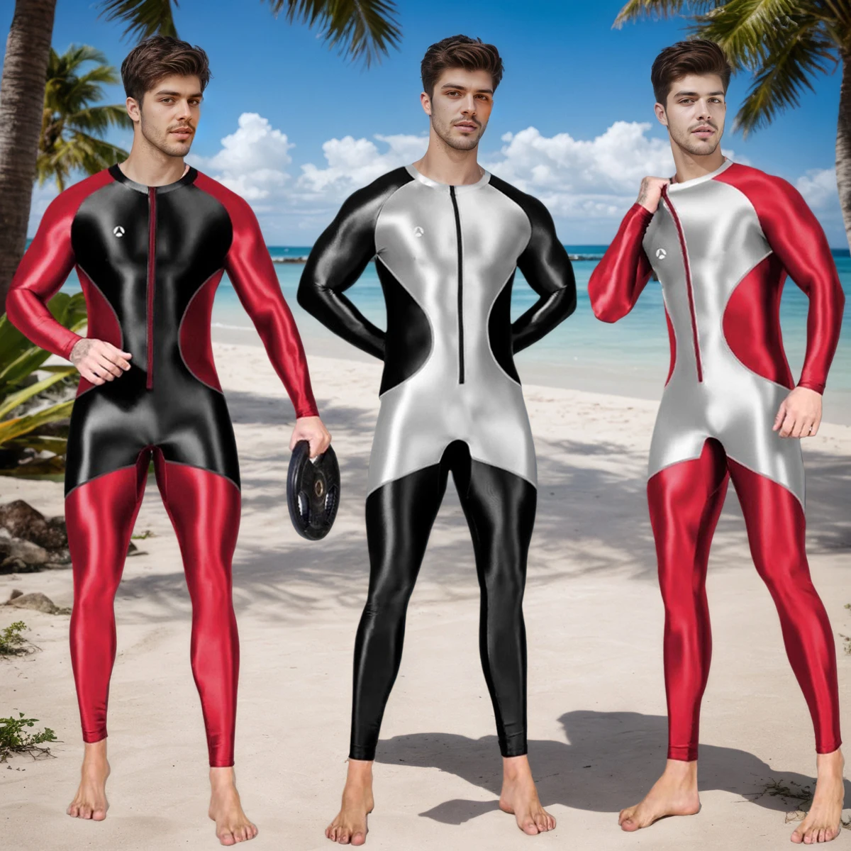 AMORESY Centurion Serie Satin Glitzer Elastisch Patchwork Surf Bademode Overall Gym Fitness Trainingsanzug Bodysuit Playsuit Cosplay Image