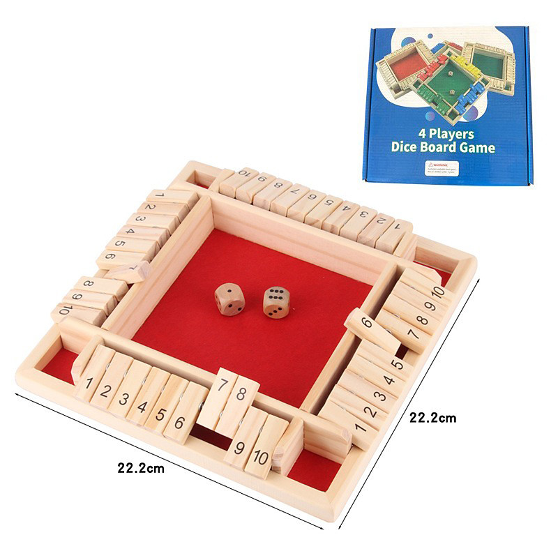 Shut The Box Dice Game,8 Dice 4 Players Wooden Board Table Math Skills Game with Drop it Game Instructions for Kids Adults Easy to Learn, Family and Friends Party