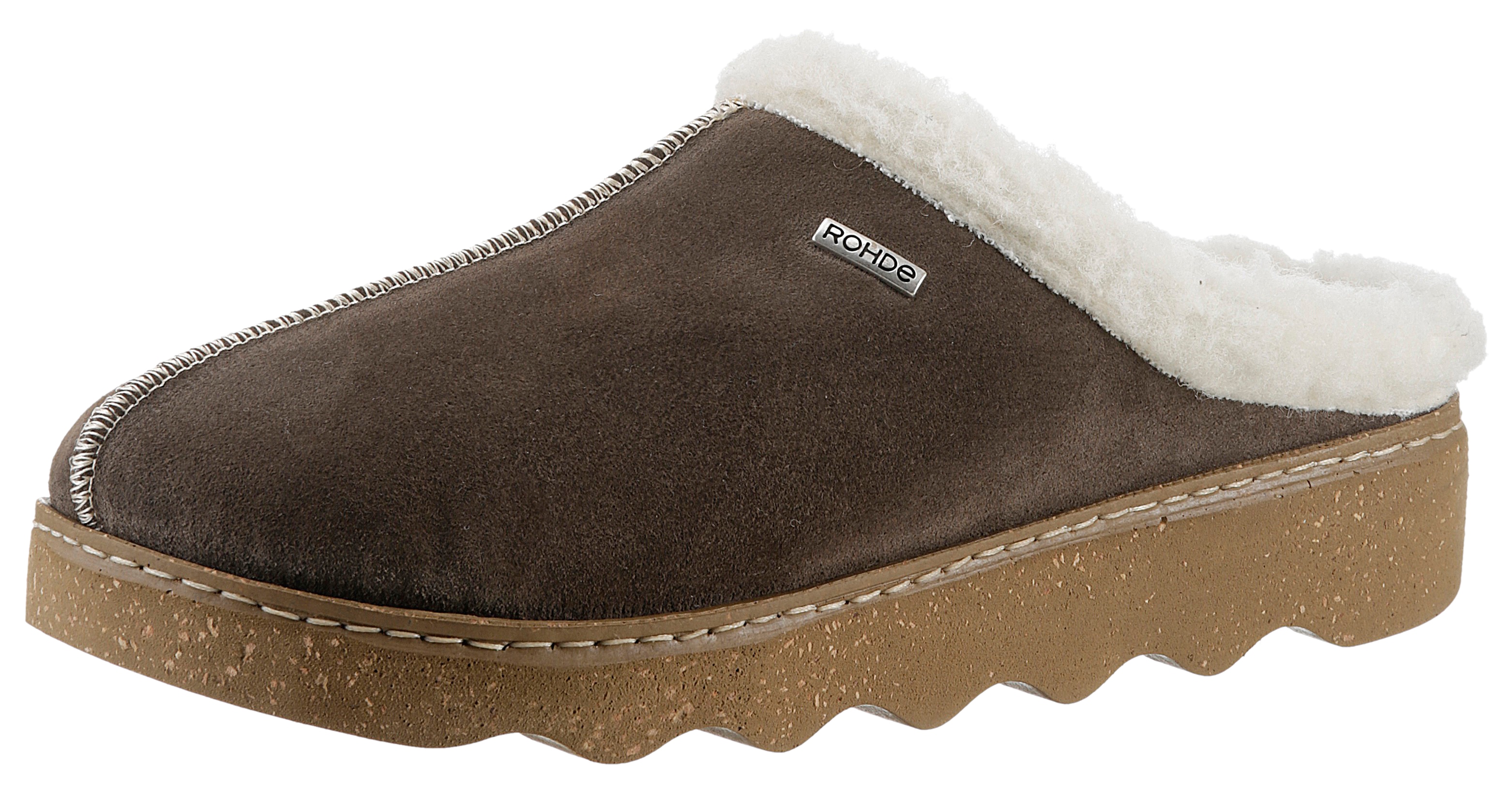 Pantoffel ROHDE "FOGGIA-D", Damen, Gr. 41, braun (dunkelbraun), Veloursleder, Schuhe, Hausschuh, Clog mit herausnehmbarer Innensohle aus Lammwolle