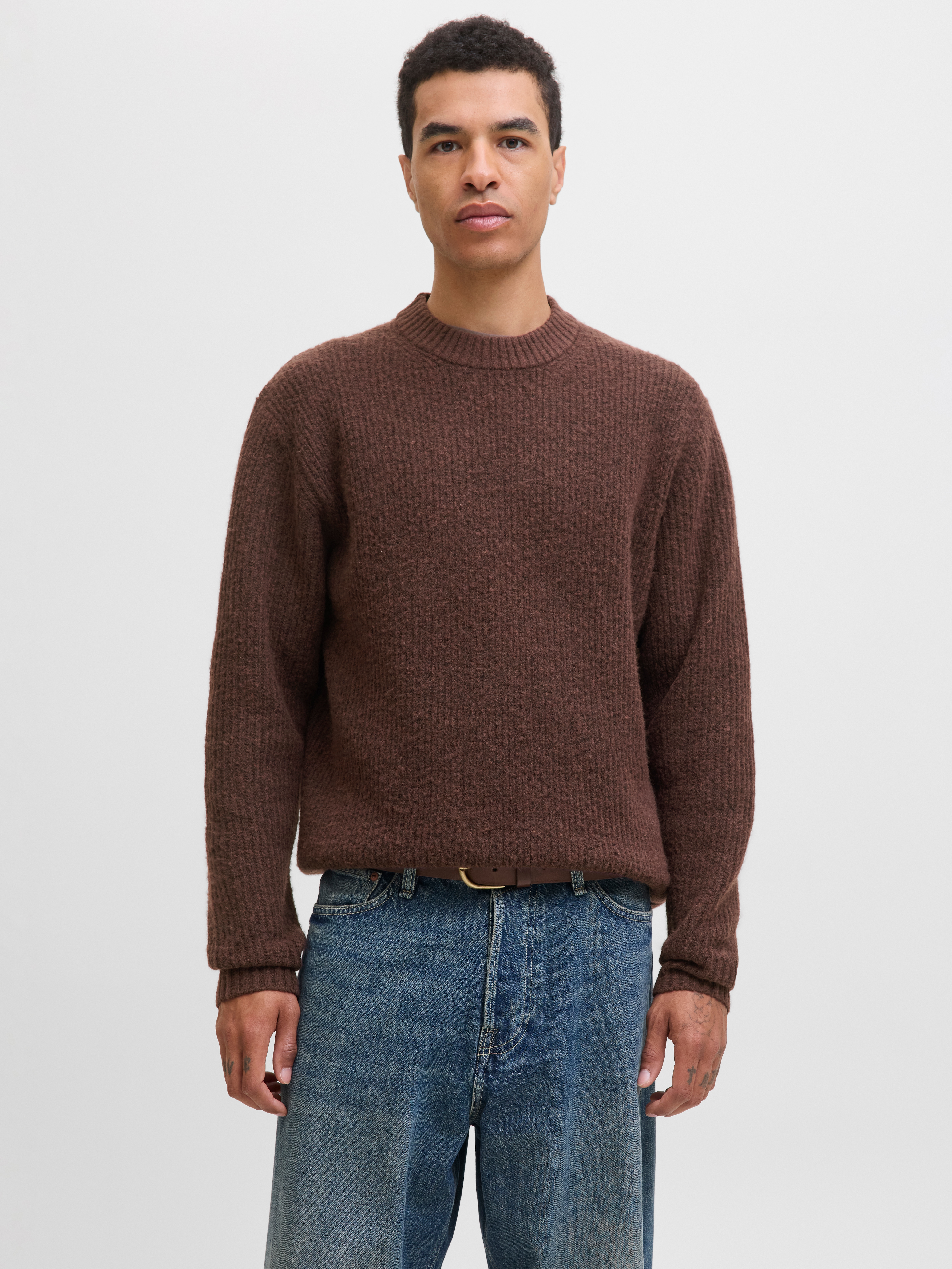 Strickpullover JACK & JONES "JORYORK OLLIE KNIT CREW NECK", Herren, Gr. XXL, deep mahogany, Strick, Obermaterial: 51% Polyester, 41% Polyacryl, 5% Wolle, 3% Elasthan, unifarben, relaxed fit normal, Rundhals, Rippbündchen, Pullover Strickpullover