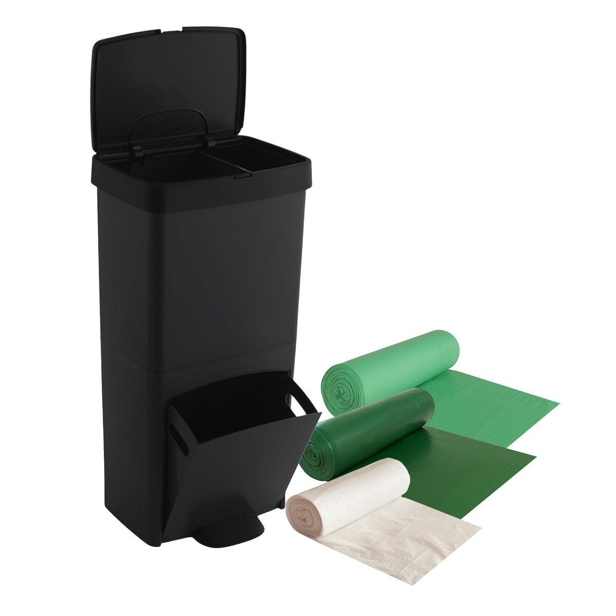 SP BERNER - 70L Vertikaler Mülleimer mit 2 Fächern (40L + 30L) Schwarz mit angepassten Müllbeuteln 10L + 30L + 40L Image