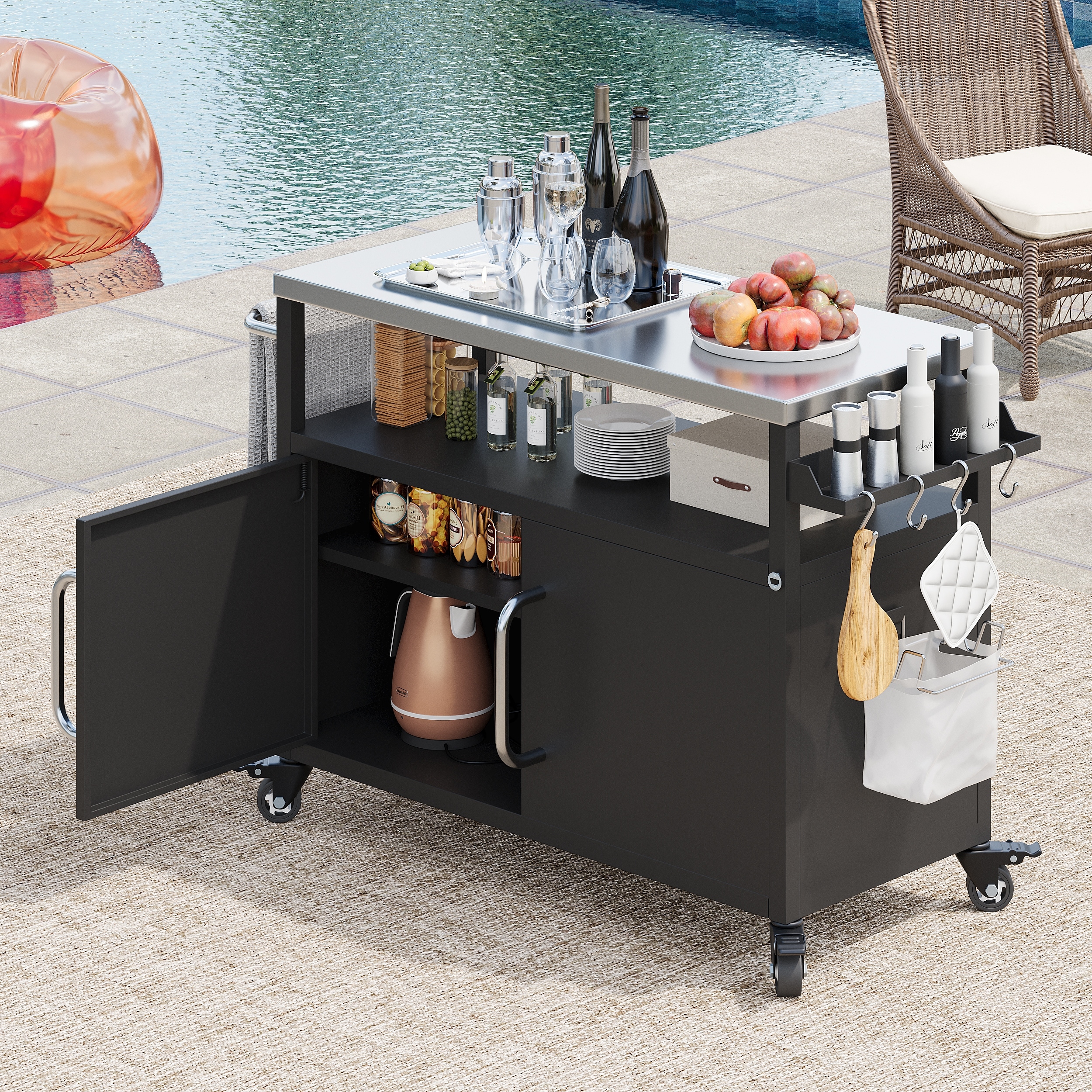 54.5in Outdoor Kitchen Island SS Tabletop Grill Cart Storage Spice Rack 4 Lockable Wheels