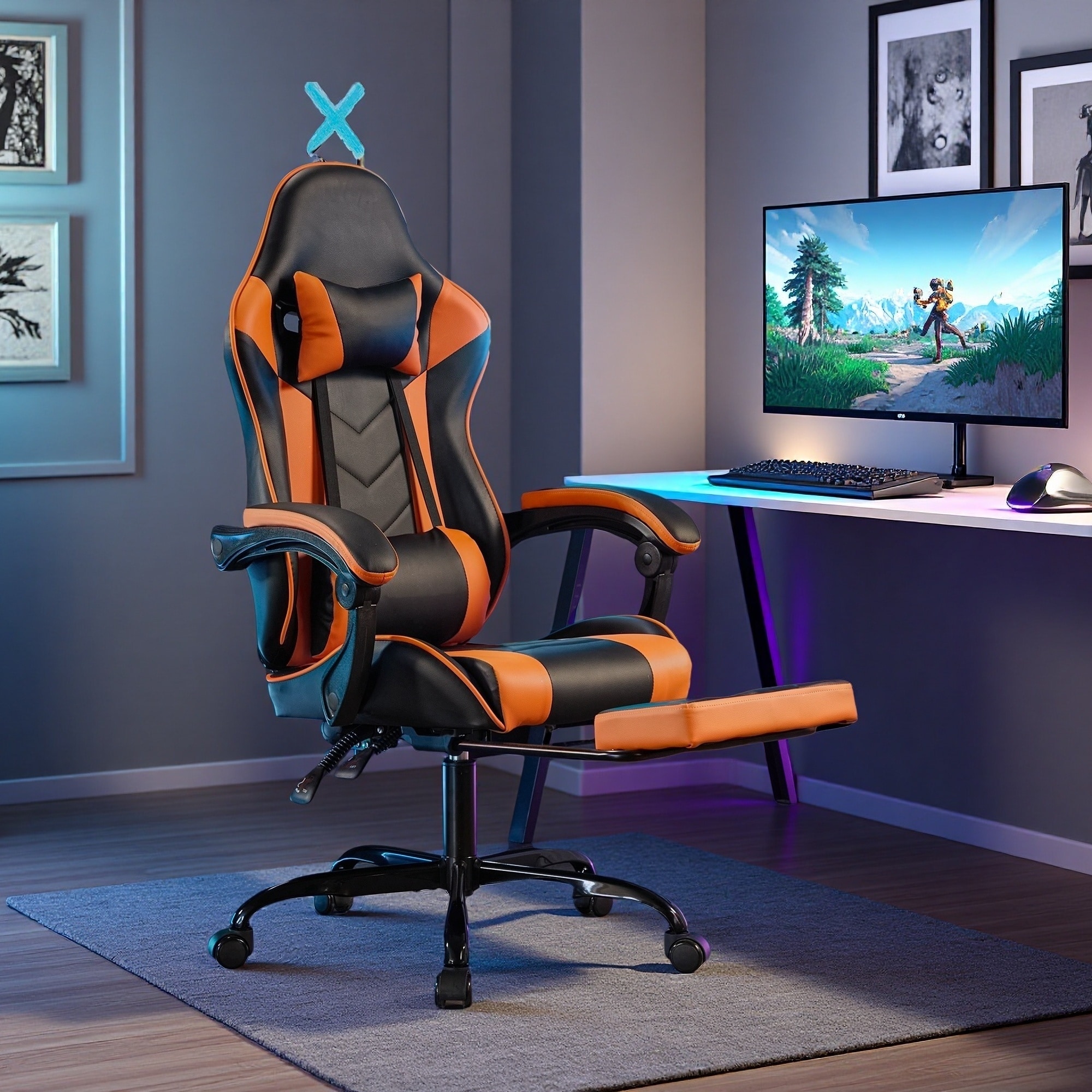 Leather Gaming Chair with Footrest, Massage Lumbar & 330lb Capacity