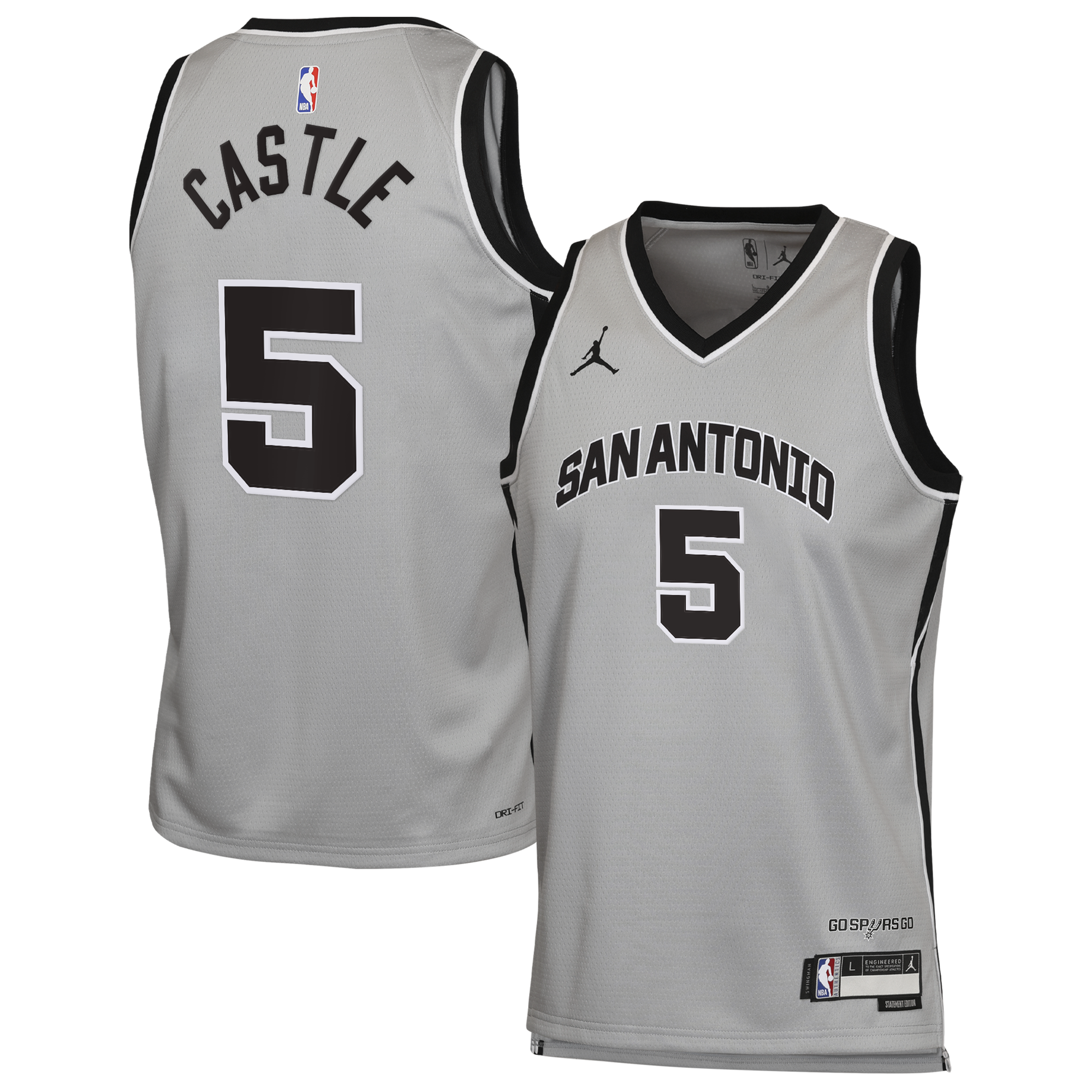San Antonio Spurs Jordan Brand Statement Edition Trikot – Grau – Stephon Castle – Jugendliche