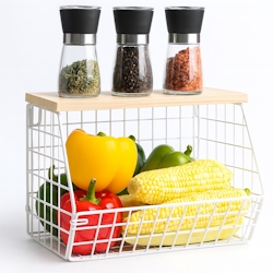 Relaxdays Obstkorb Wandregal, Ablagebrett, Küchenorganizer zum Hängen, HBT: 22x30x20 cm, Gitterkorb Metall, weiß/natur Image