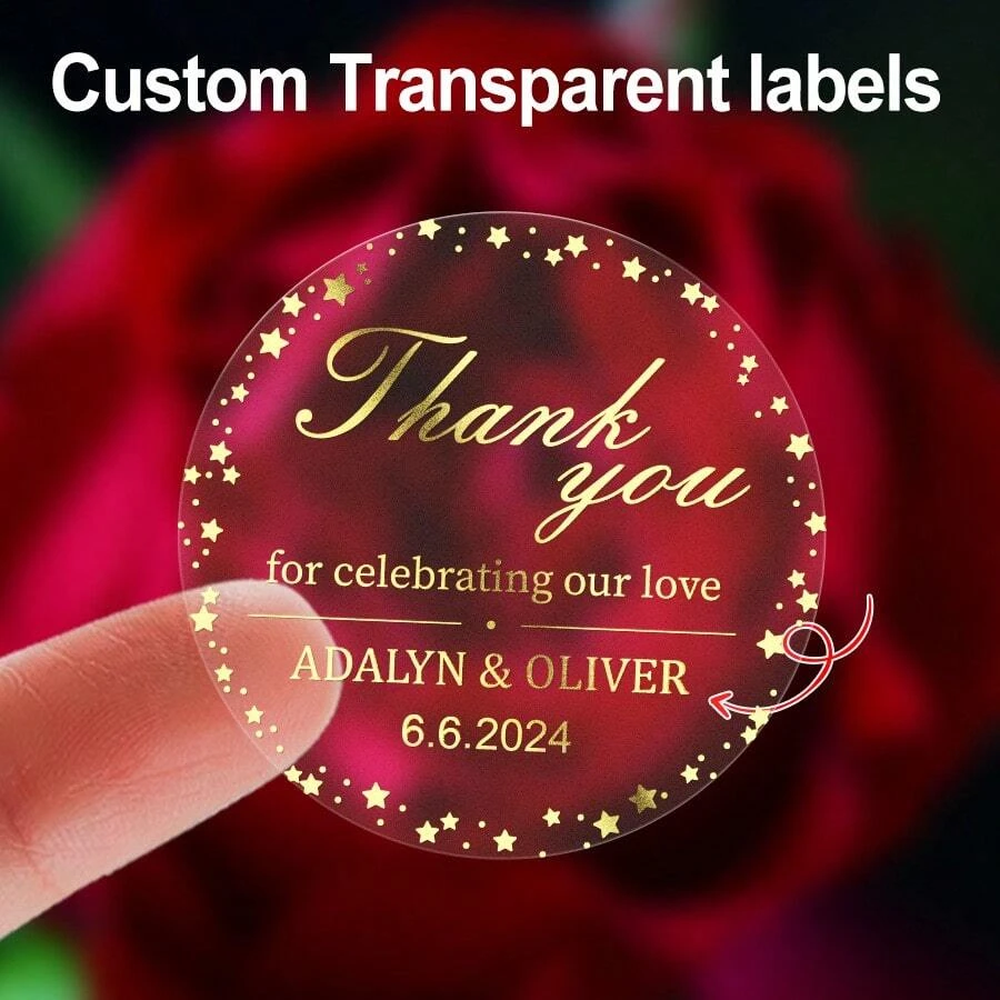 4 cm individuelle transparente wasserdichte Etiketten mit goldenen Sternen für Hochzeiten, personalisierte runde Dankesiegel für Brautpartys Image