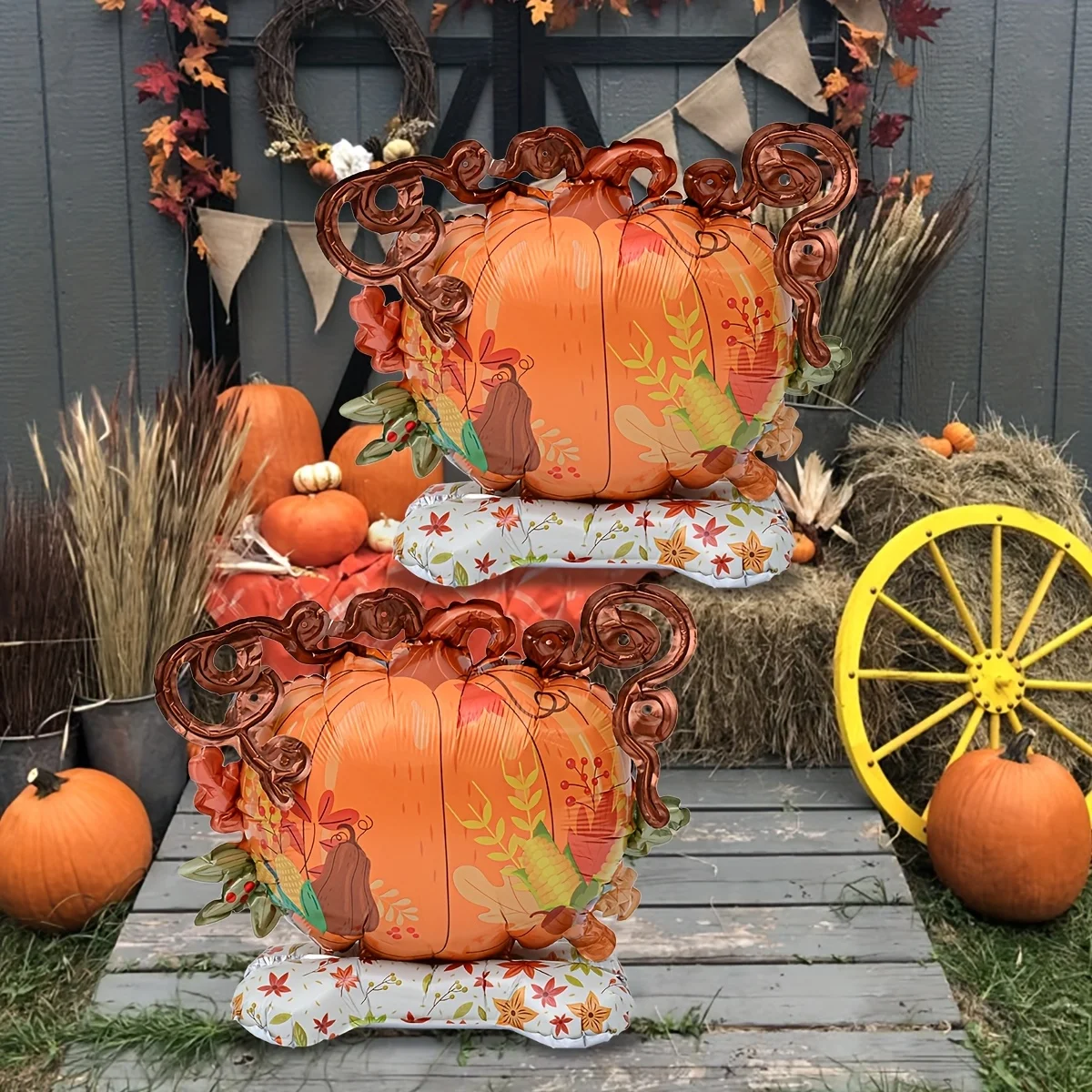 2 Stück großer, stehender, hoher Thanksgiving-Ernte-Kürbis-Folienballon mit Blatt-Beerenmustern, festliche Lieferungen, Party-Dekoration Image