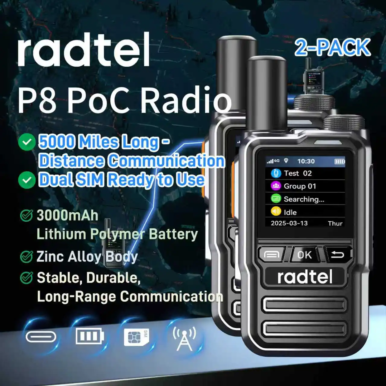 Radtel P8 Poc Radios Unlimited Range, 5000 Meilen über Walkie Talkie Nationwide Handheld Public Network 2-Wege-Radio für Logisten Image