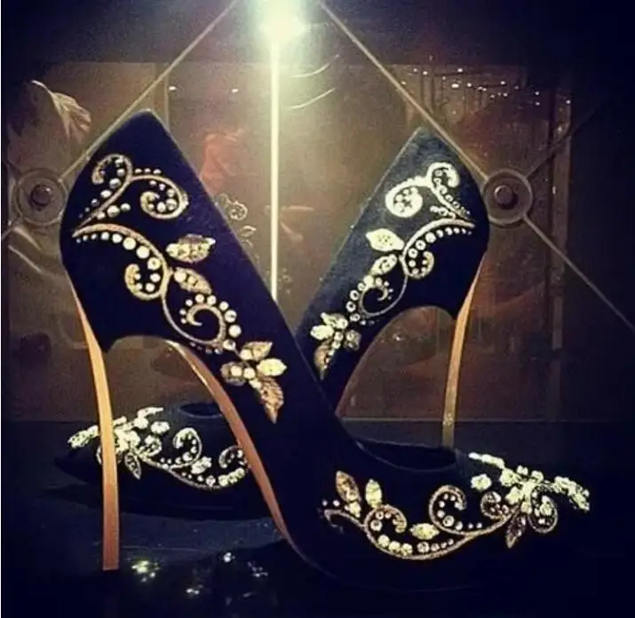 Bling Strass Gold Silber Blume Stickerei Klinge Ferse Pumps Metall High Heels Kristall Schwarz Wildleder Spitz Frau Schuhe
