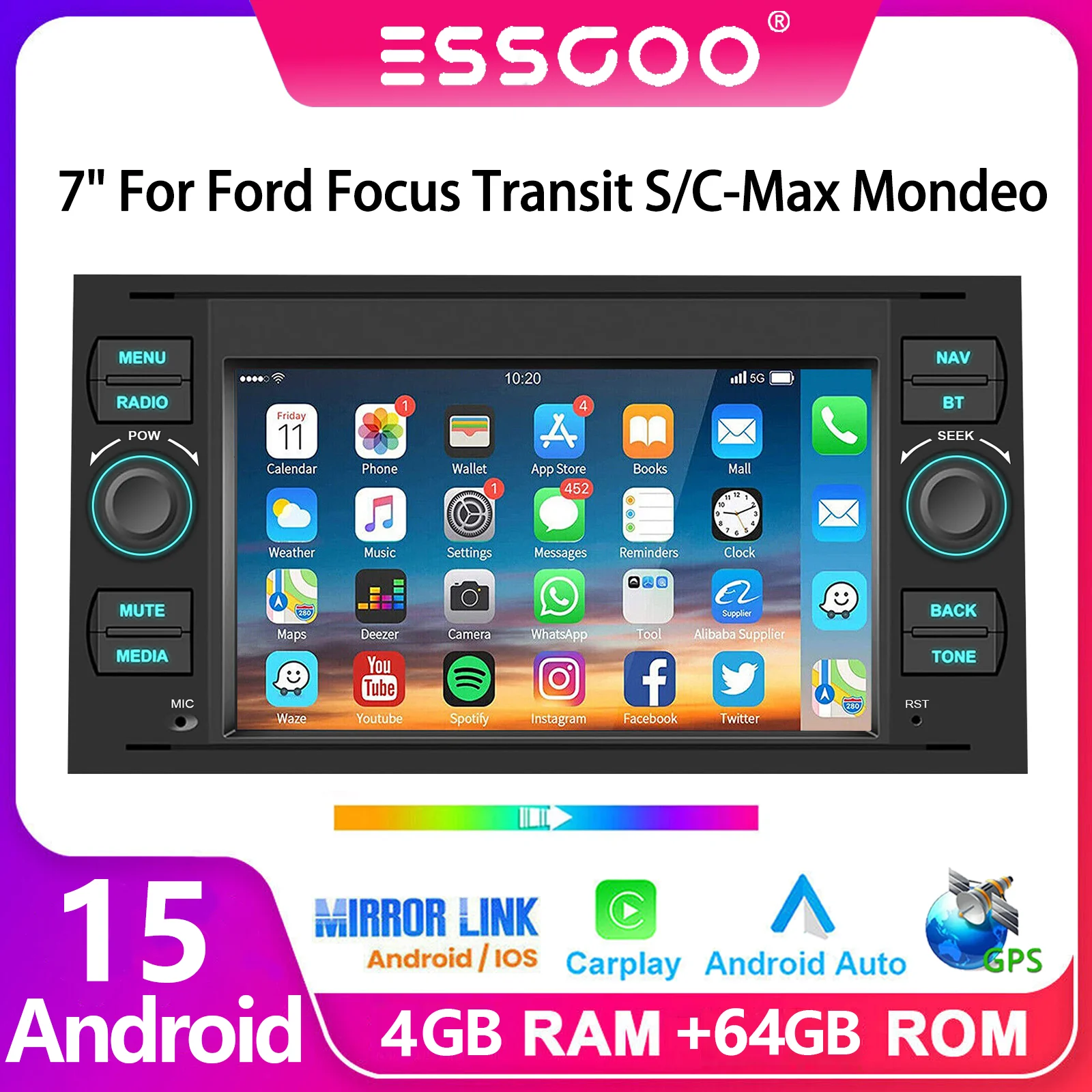 ESSGOO Autoradio 7 Zoll Android 15 Fur Ford Focus MK2 Transit MK7 Mondeo CMax Kuga Galaxy Fiesta Fusion Wireless Carplay Android Auto GPS Navigation FM BT WiFi SWC RDS Mirror Link Head Unit Image