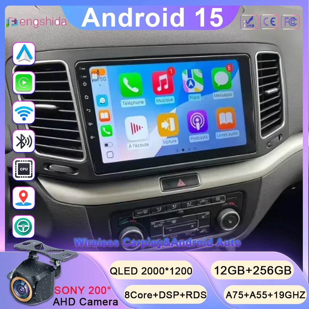 Für Volkswagen VW Sharan SEAT Alhambra 7N 2010-2022 Android 15 Auto Radio Multimedia Video Player GPS KEINE 2DIN Carplay 4G BT Image