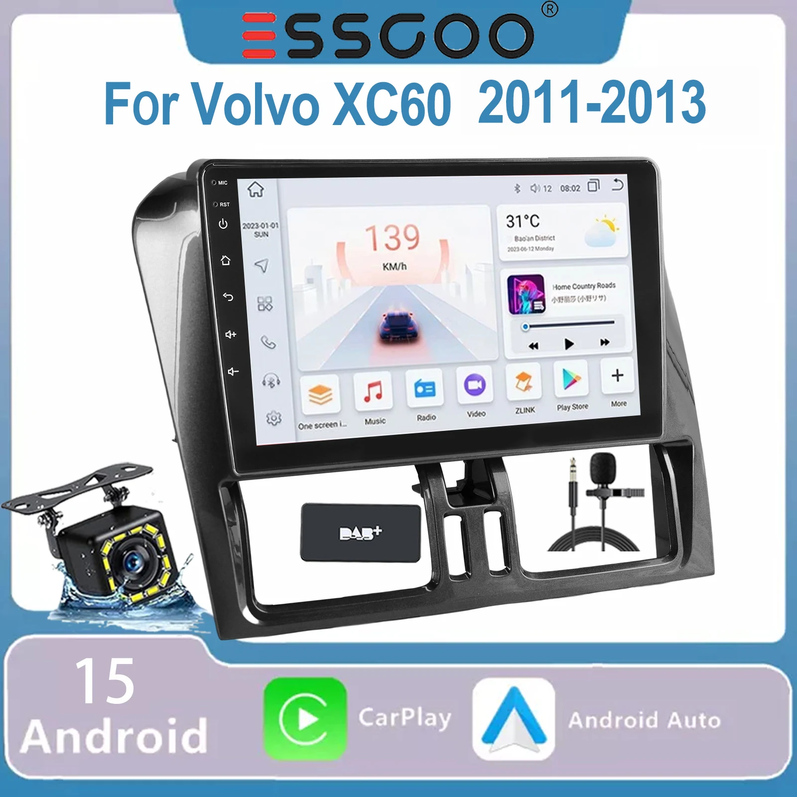 ESSGOO 9 Pollici Display Touch IPS Android 15 Per Volvo XC60 2011-2013 Autoradio Lettore Multimediale Apple Carplay Android Auto Wireless GPS Navigazione WIFI SWC RDS FM USB Mirror Link Bluetooth