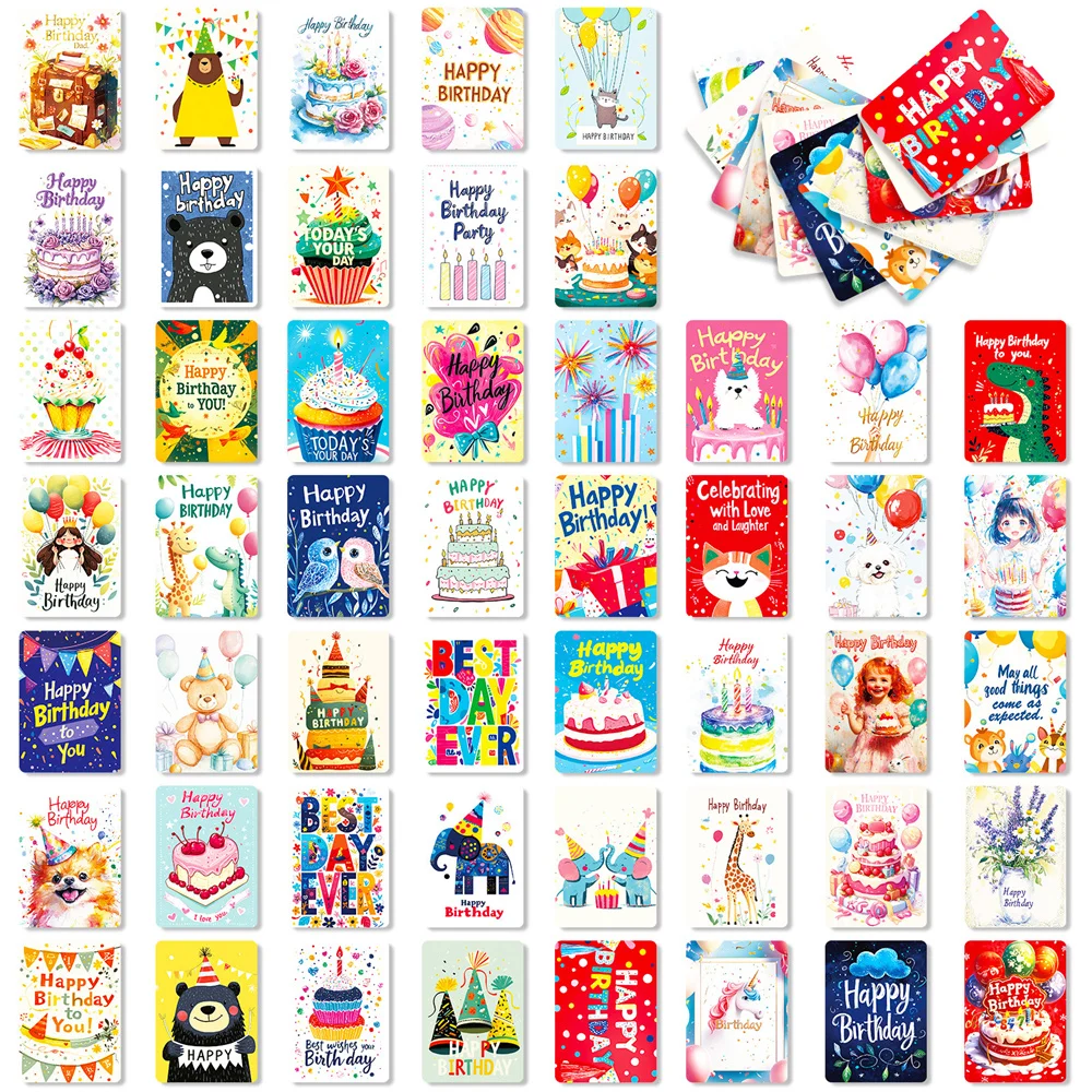 Geburtstagskarten 50-Designs-Set „Happy Birthday“-Karten, Familiengrußkarten für Familie, Kinder, Freunde, Arbeit und Bürostier Image