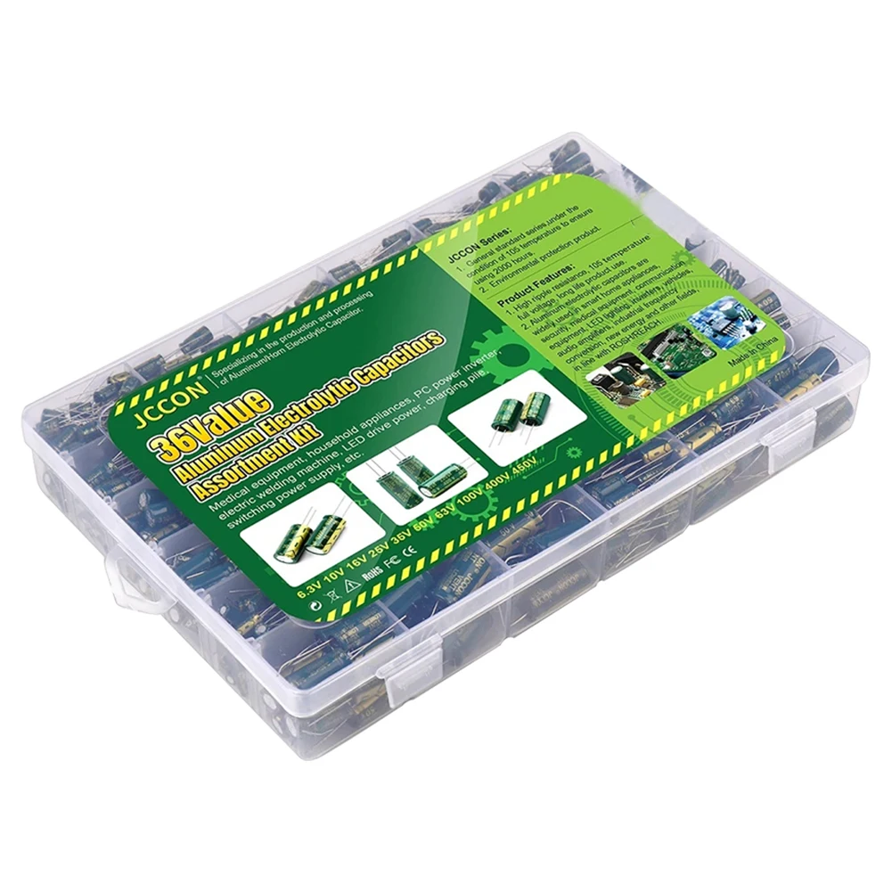 15/24/36 Werte 225/460/925-teiliges Aluminium-Kondensator-Set, 16 V-50 V, Sortiment an Aluminium-Elektrolytkondensatoren für DIY-Projekte Image