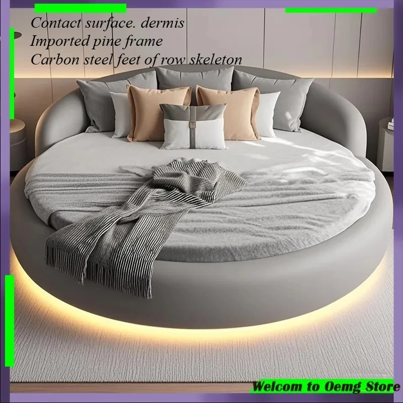 200 x 200 cm großes rundes Bett, Doppelbett, Tatami-Leder-Kunstlampenbett, einfaches rundes Bett, Schlafzimmerzubehör Image