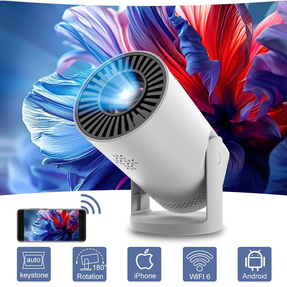 Tragbarer kabelloser Projektor, 60 ANSI Lumen, Handy-Spiegelung, WiFi 6, Projektor für Heimkino, unterstützt 180 ° Rotation Image